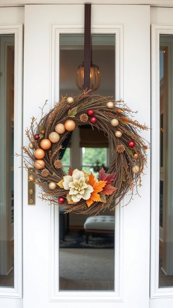 A beautiful Thanksgiving wreath with metallic accents, featuring gold and red ornaments, autumn leaves, and a white flower, hanging on a door.