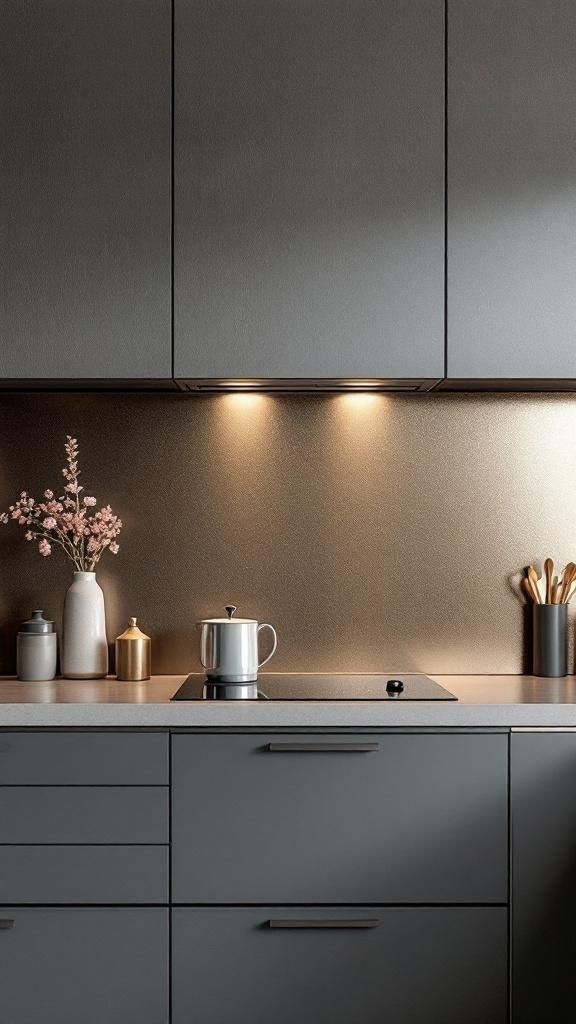 A modern kitchen with a metallic splashback, dark cabinets, and stylish decor.