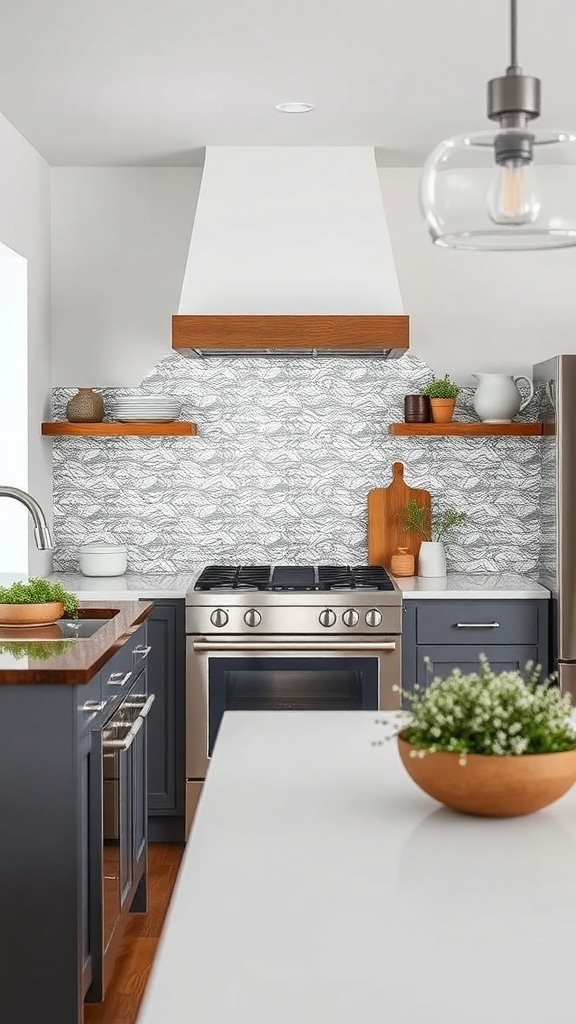 A modern farmhouse kitchen featuring a stylish metallic backsplash and warm wooden accents.