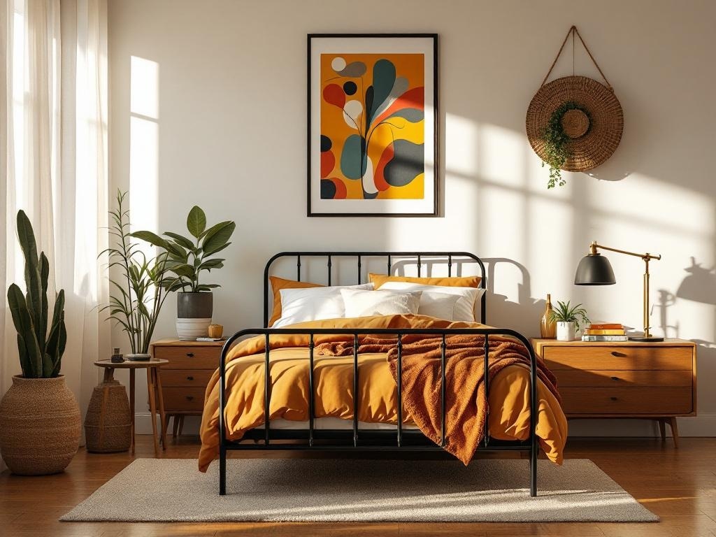 A stylish bedroom featuring a black metal bed frame with orange bedding, mid-century modern furniture, and plants.
