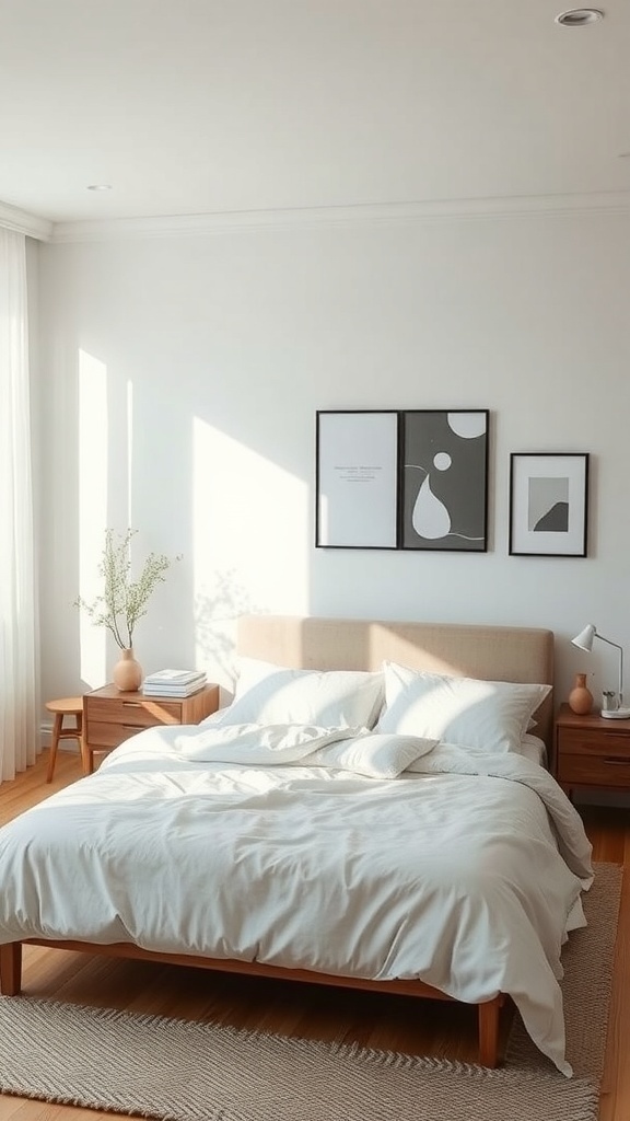 A minimalist bedroom with a bed, two nightstands, and framed artwork on the wall.