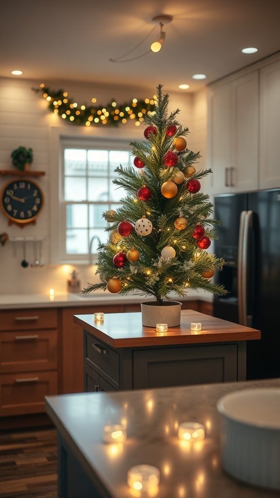 A small Christmas tree decorated with red and gold ornaments on a kitchen island, surrounded by candles.