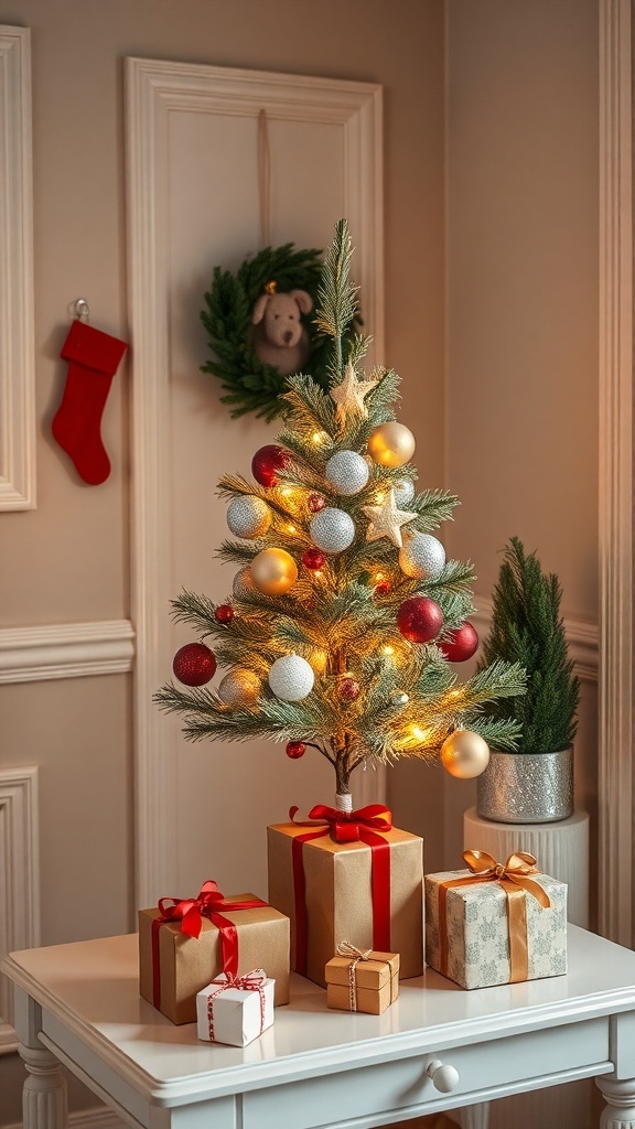 A mini Christmas tree with ornaments and lights on an entryway table, surrounded by wrapped gifts.