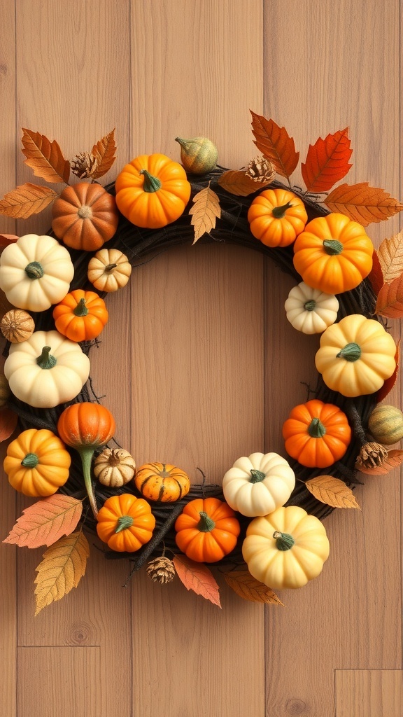 A wreath made of mini pumpkins and gourds, decorated with leaves and pinecones, hanging on a wooden wall.