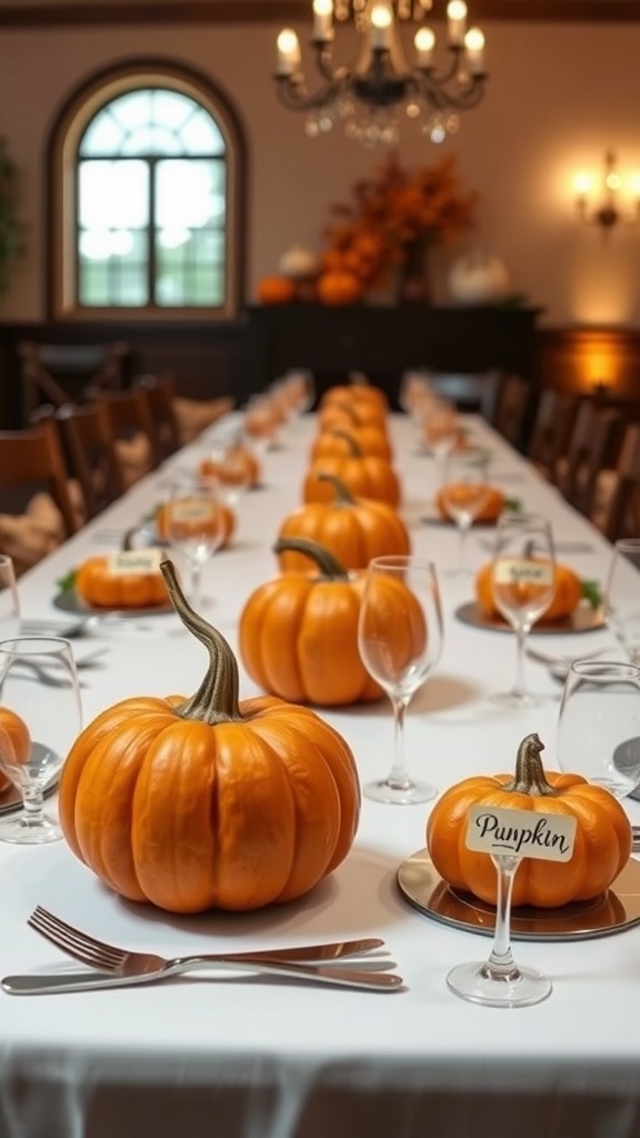 A dining table decorated with mini pumpkins as place settings, featuring elegant glassware and a warm atmosphere.