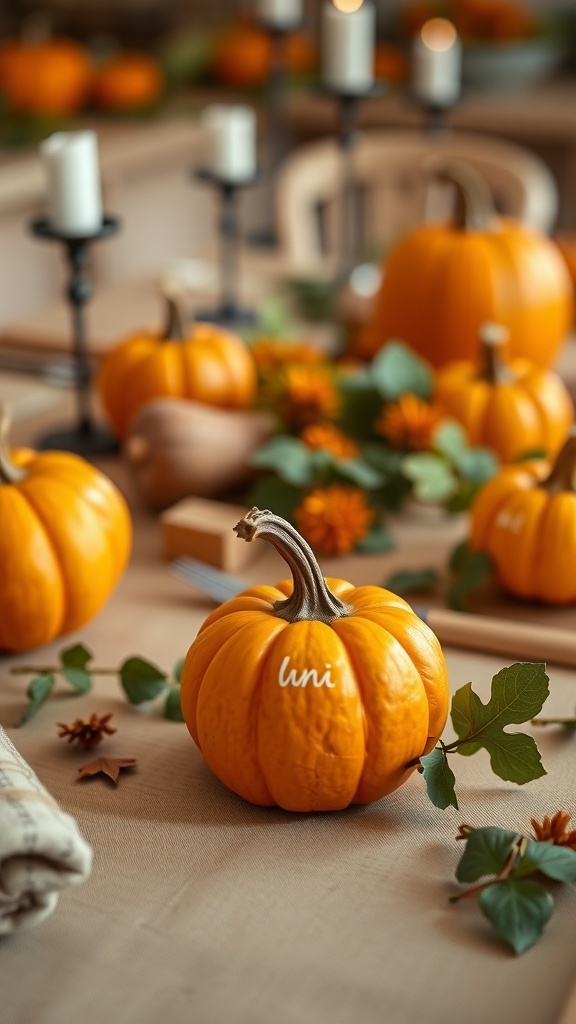 A Thanksgiving table setting featuring mini pumpkins as place settings with names written on them, surrounded by greenery and candles.