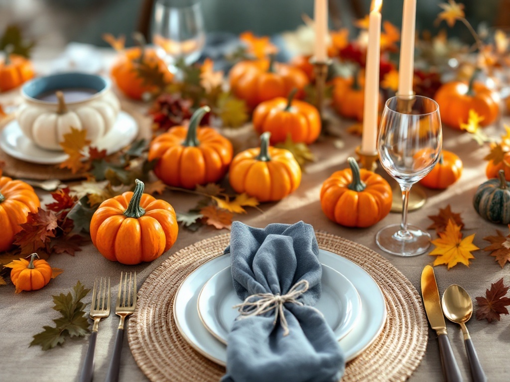 A beautifully set Thanksgiving table featuring mini pumpkins as place settings, surrounded by autumn leaves and candles.