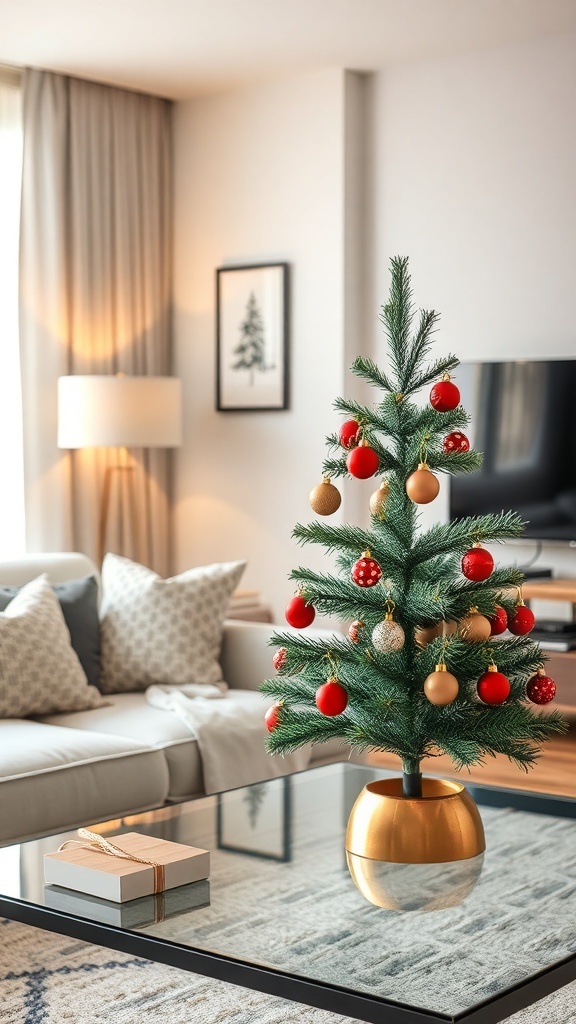 A small Christmas tree with red and gold ornaments on a coffee table in a modern apartment.
