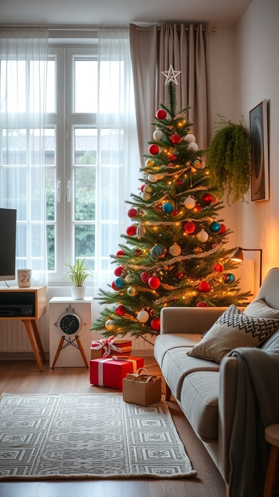 A cozy living room with a miniature Christmas tree decorated with colorful ornaments.
