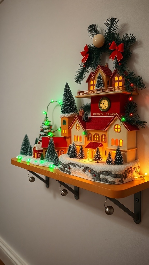 A colorful miniature Christmas village display with lights and decorations.