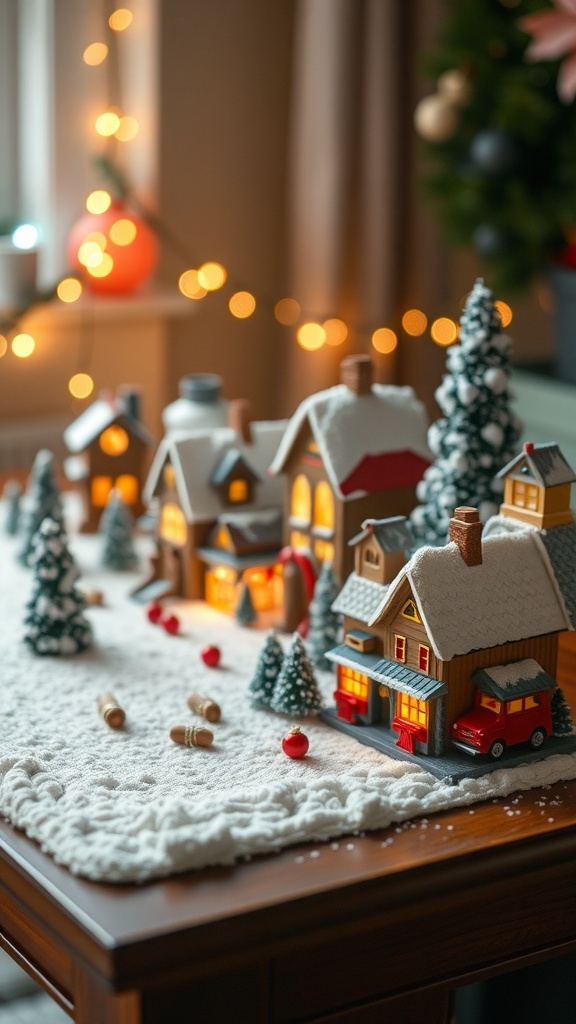 A cozy miniature Christmas village with tiny houses and trees, illuminated with warm lights.