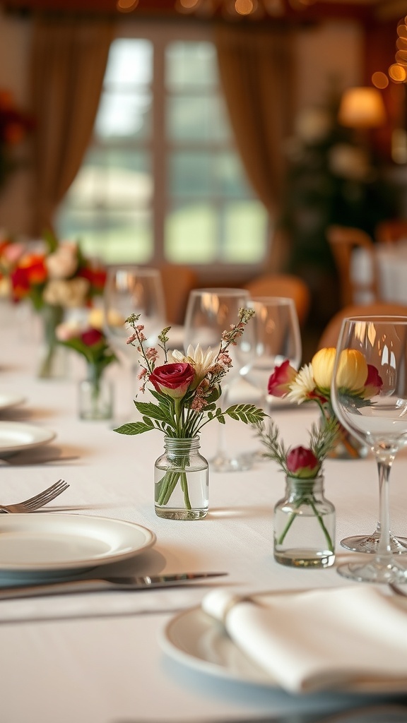 A beautifully set dining table with miniature floral arrangements in small vases.