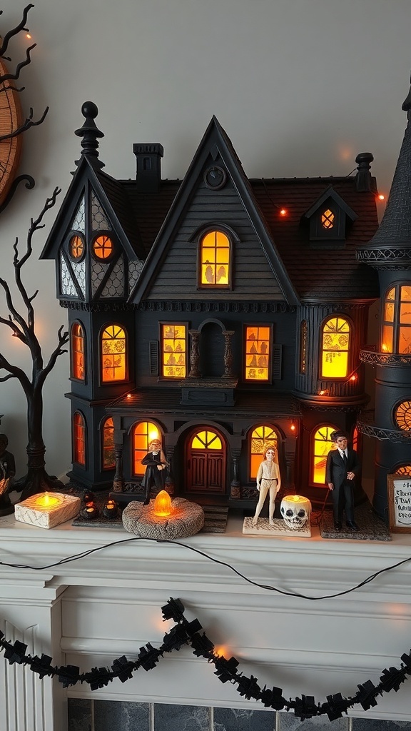 A miniature haunted house display with glowing windows, spooky figures, and Halloween decorations.