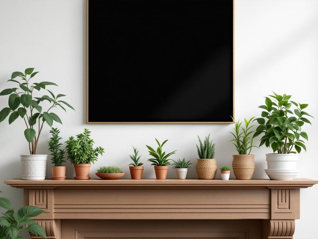 A wooden mantel decorated with various miniature potted plants in different pots.
