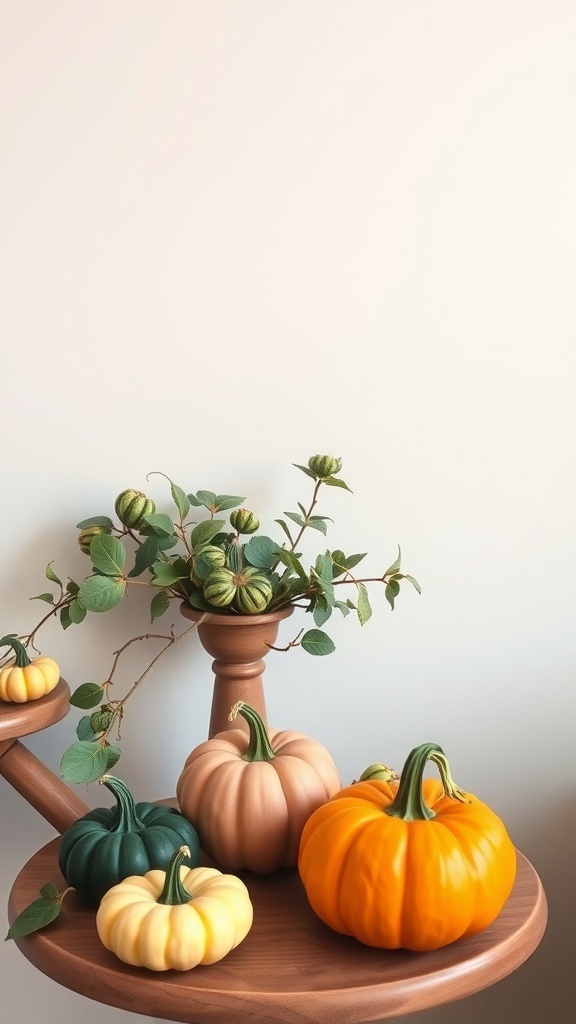 A display of miniature pumpkins in various colors on a wooden table with greenery.