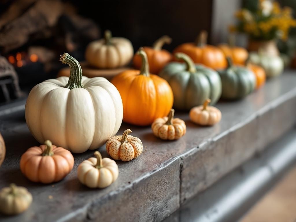 A display of various miniature pumpkins in different colors and sizes on a fireplace mantel.