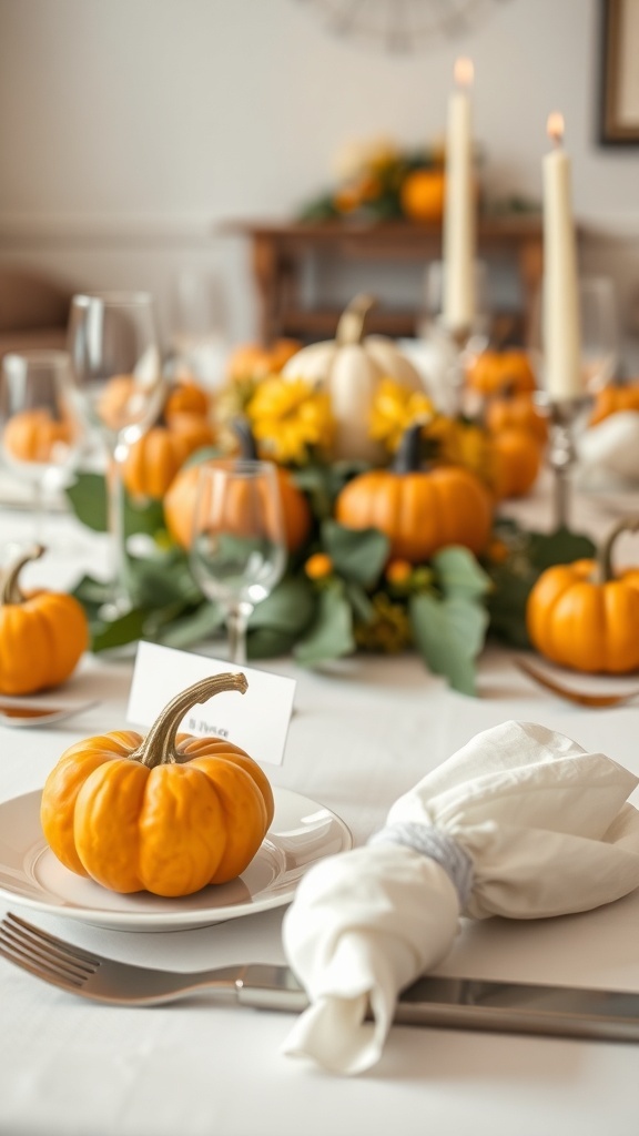 A table setting featuring miniature pumpkins as place cards.