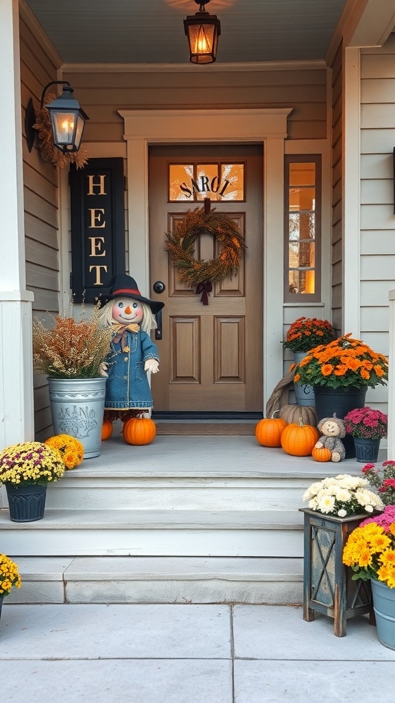 A cozy porch decorated for fall with a miniature scarecrow, pumpkins, and colorful flowers.