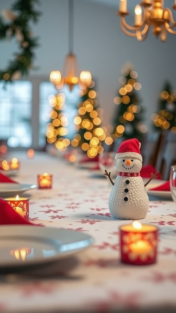A festive table setting featuring miniature snowmen as place holders, surrounded by candles and holiday decorations.