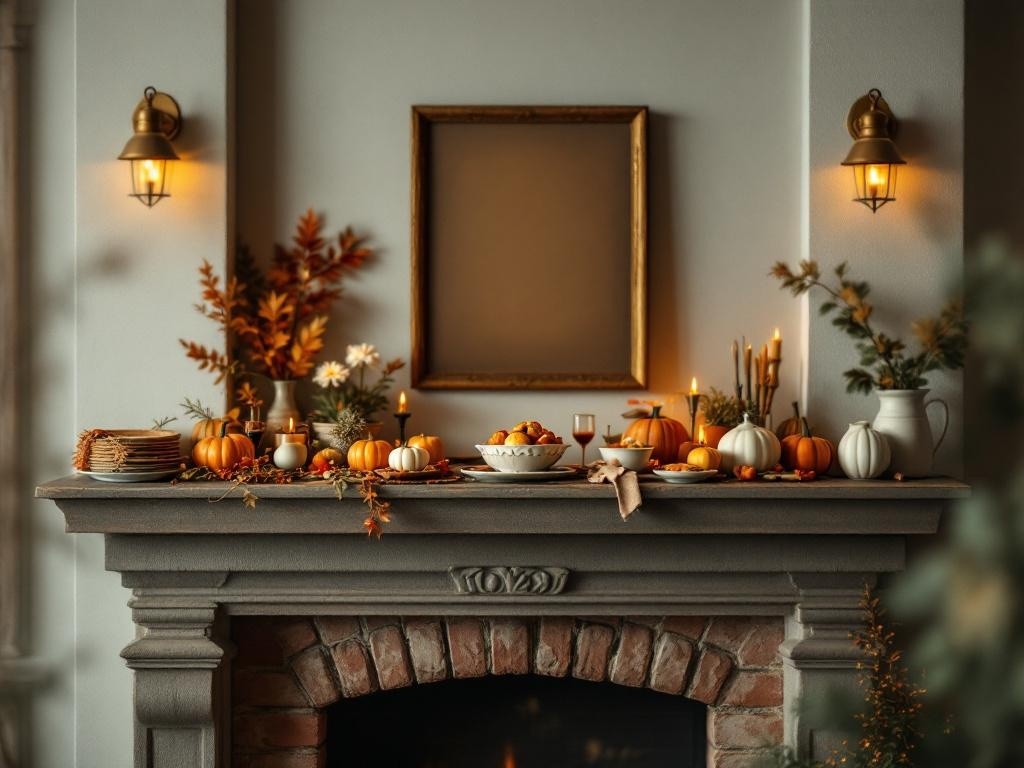 A beautifully decorated mantel for Thanksgiving featuring pumpkins, candles, and autumn leaves.