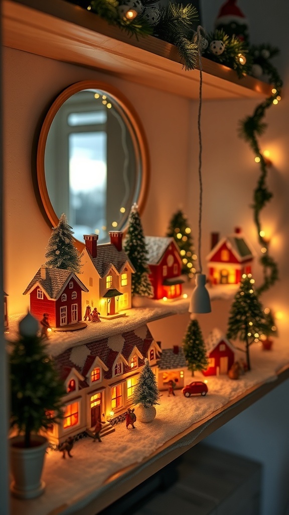 A cozy miniature village display with small houses and trees, illuminated by warm lights.