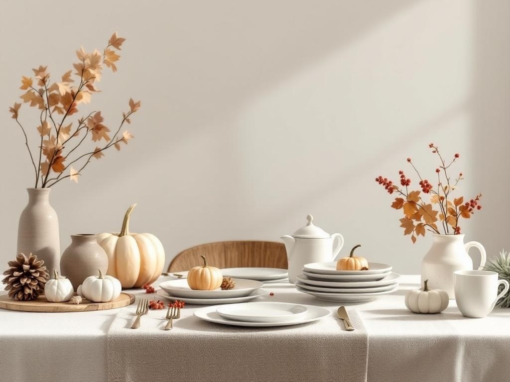 A minimalist Thanksgiving table setting with white plates, small pumpkins, and autumn leaves.