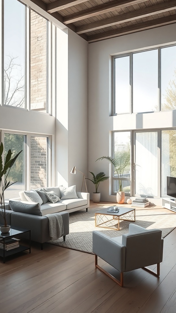 A modern minimalist living room featuring neutral tones, large windows, and simple furniture.
