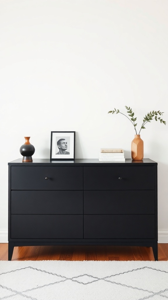 A minimalist black dresser with a vase, framed photo, and books on top.