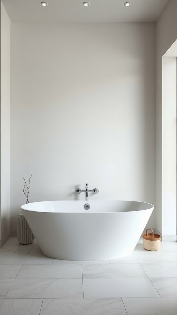 A minimalist bathtub in a bright bathroom setting.