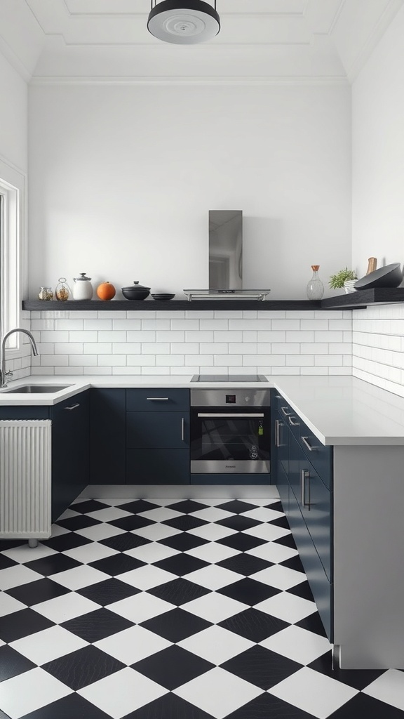 A modern kitchen featuring a black and white checkered floor, dark cabinets, and white walls.