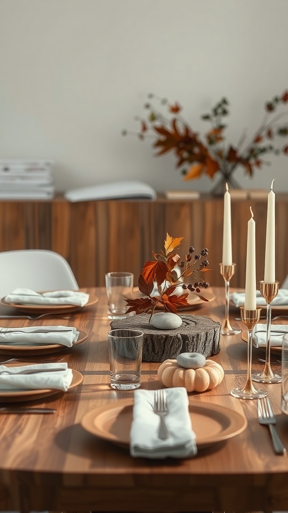 A modern Thanksgiving table featuring a minimalist centerpiece with natural elements, including a wooden slice, autumn leaves, and small pumpkins.