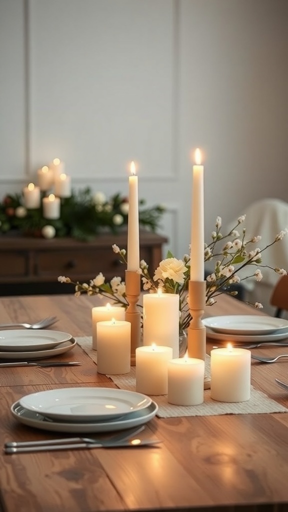 A minimalist Christmas table setting featuring white candles and soft floral arrangements.