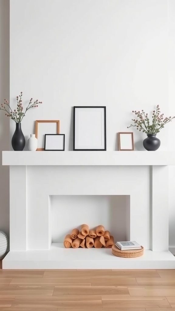 A minimalist mantel with vases and picture frames on a white shelf.
