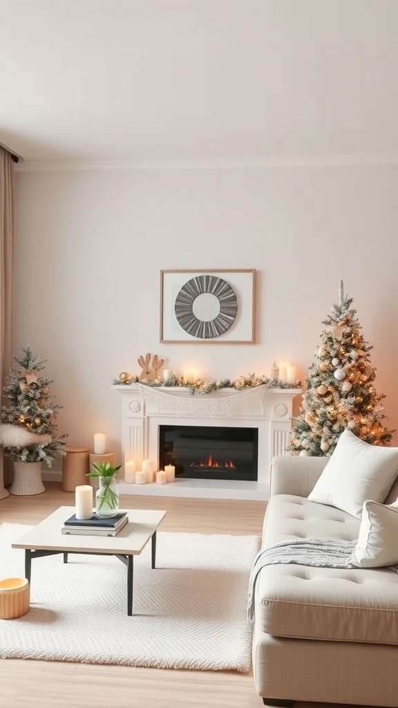 A cozy living room decorated for Christmas with minimalist accents, featuring a fireplace, candles, and small Christmas trees.