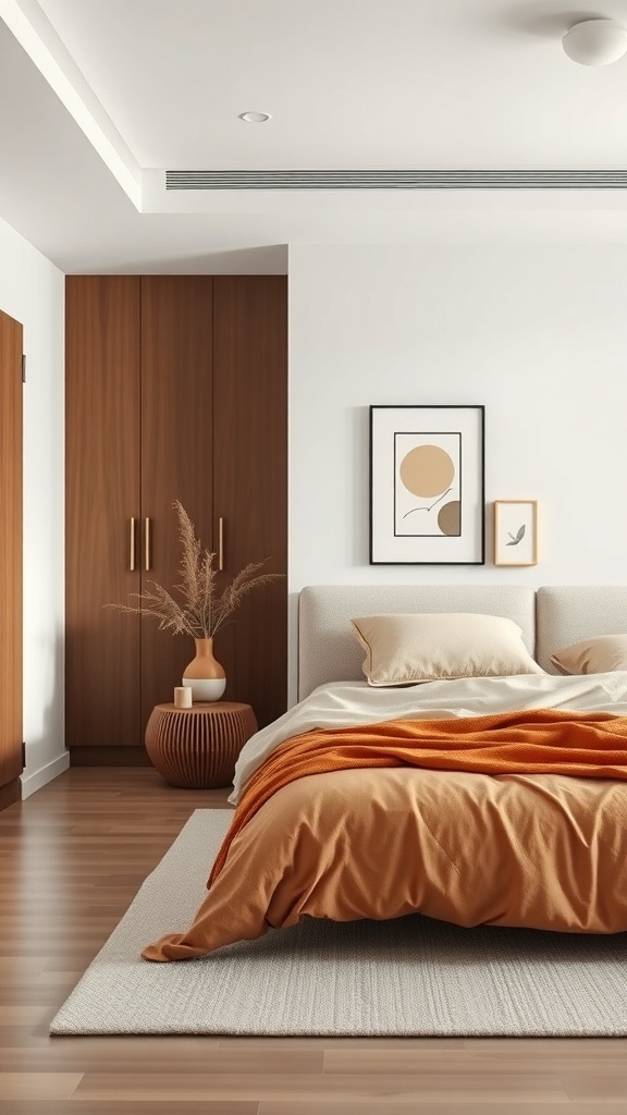 A warm modern bedroom featuring minimalist decor with a cozy bed, soft textures, and simple accents.
