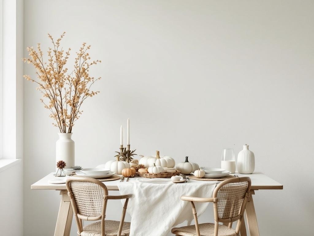 A minimalist Thanksgiving table setup featuring pumpkins, dried flowers, and simple dishware.