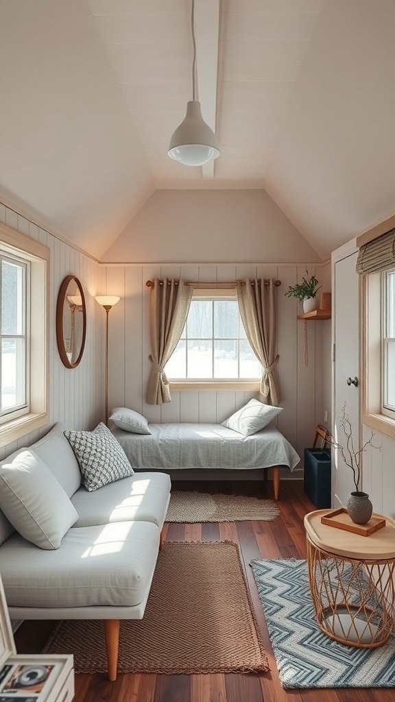 Interior of a tiny cabin with minimalist design, featuring a sofa, bed, and natural light.