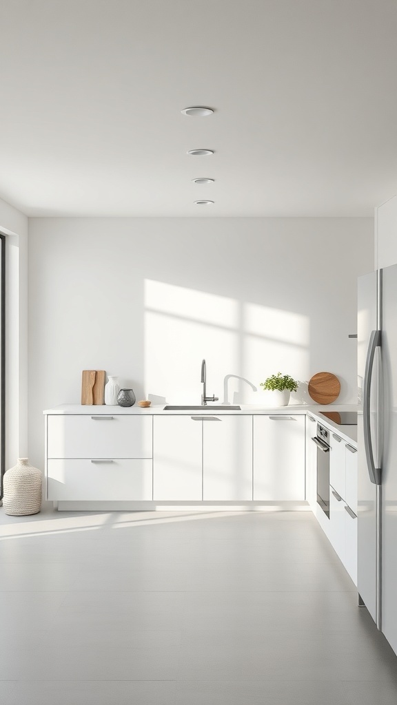 A minimalist kitchen with clean lines, featuring white cabinetry, a sink, and natural light.