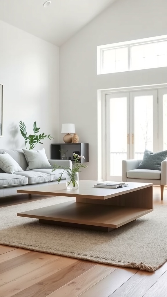 A minimalist modern farmhouse coffee table in a bright living room setting.