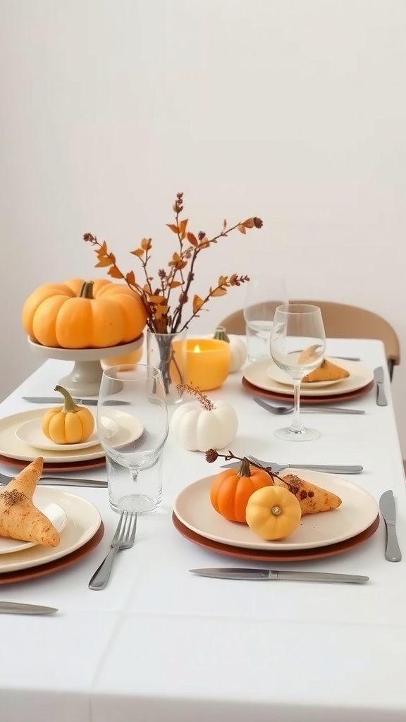 A minimalist Thanksgiving table setting featuring neutral tones, pumpkins, and elegant glassware.