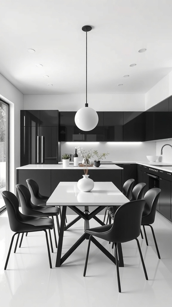 A minimalist dining area featuring a white table, black chairs, and sleek black cabinets.