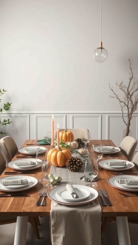 A minimalist Thanksgiving table featuring neutral tones, pumpkins, and candles.