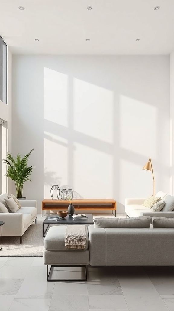 A minimalist living room featuring neutral tones, with a light sofa, coffee table, and plants.