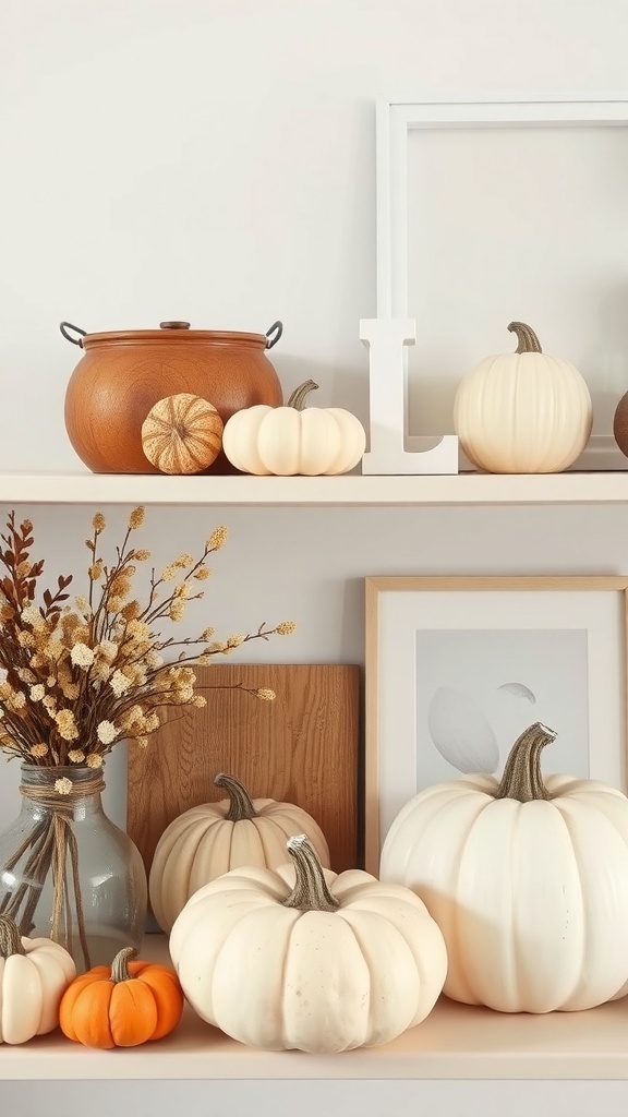 Minimalist fall decor featuring white and orange pumpkins, a rustic pot, and dried flowers on a shelf.