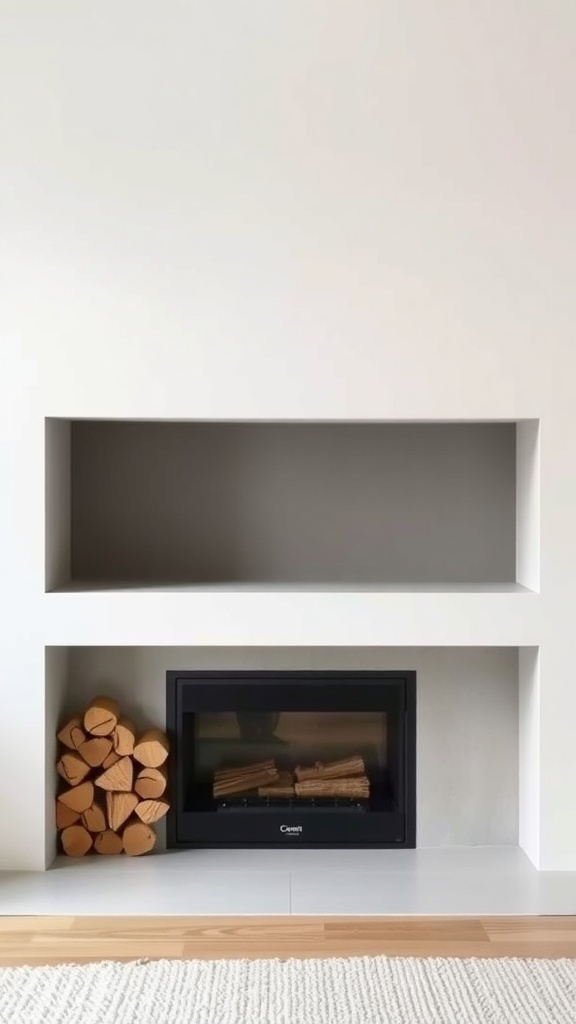 Minimalist fireplace with wood storage in a modern farmhouse setting.