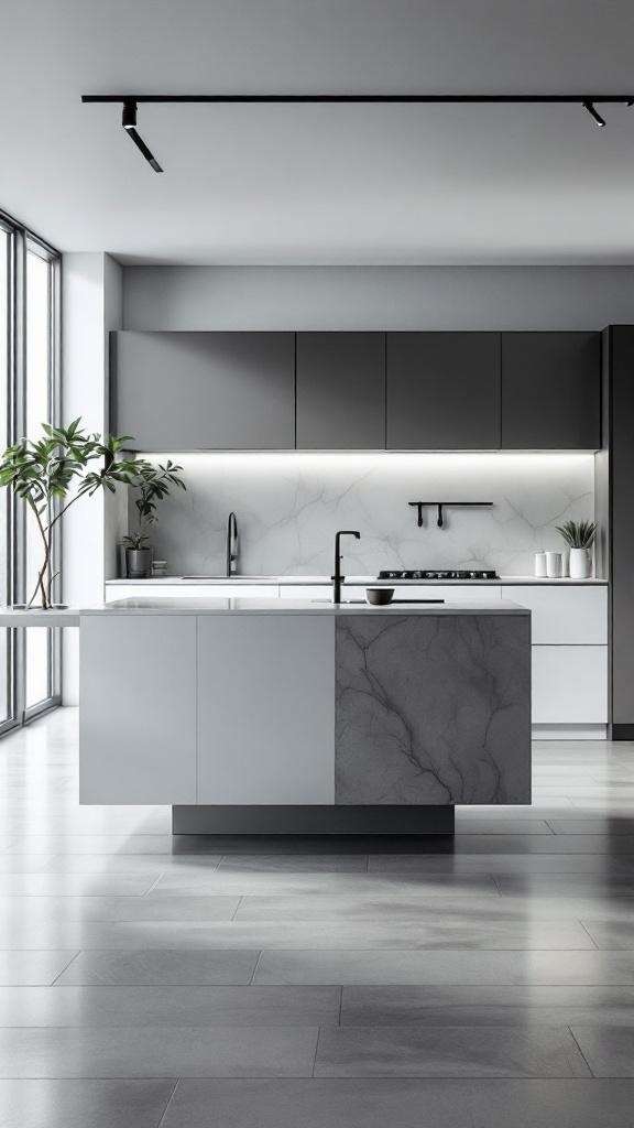 A minimalist kitchen featuring a floating island with a sleek design and marble accents.