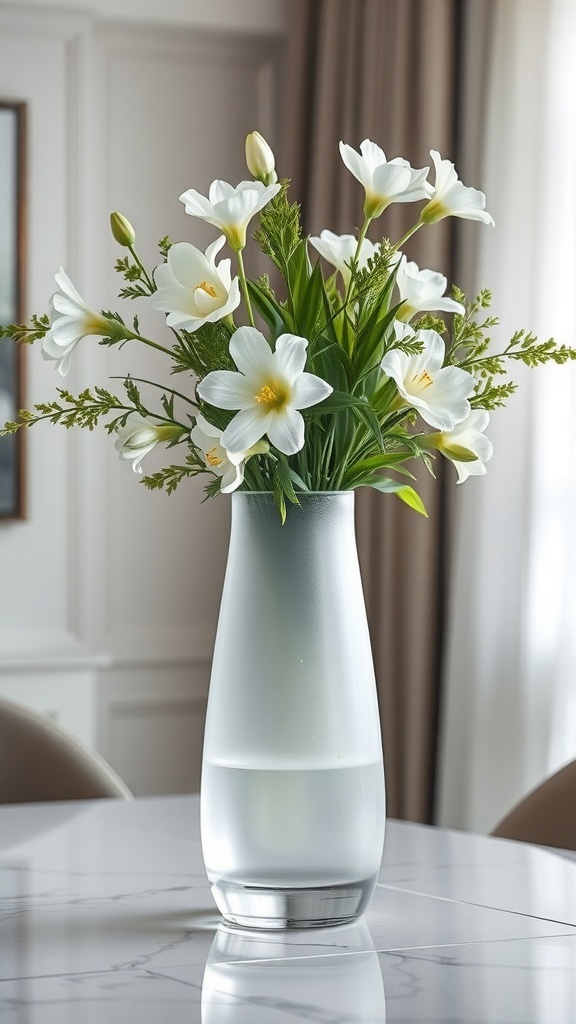 A frosted glass vase filled with white flowers on a table.