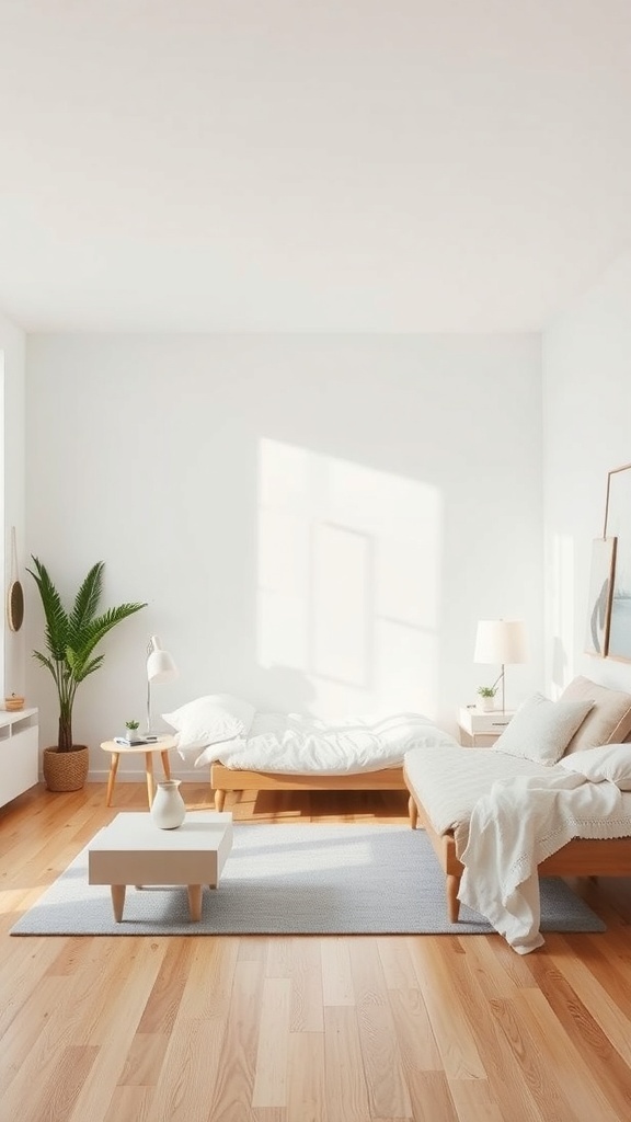 A soft neutral sleep space with minimalist furniture, featuring a low bed, side table, and a plant.