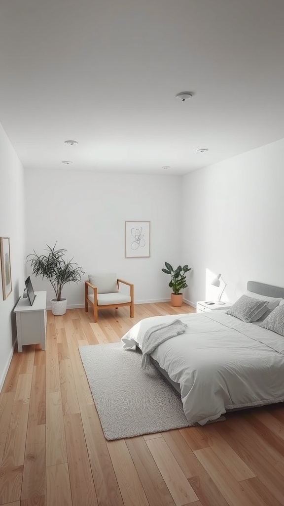 A serene bedroom with minimalist furniture, featuring a bed, chair, and plants.