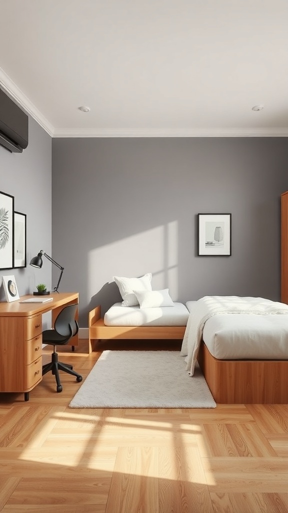 A minimalist teen girl bedroom featuring light wood furniture, a cozy bed, and a simple desk.